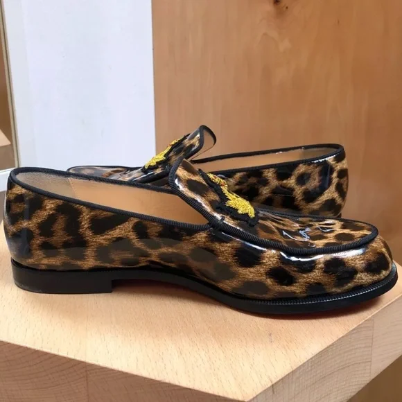 CHRISTIAN LOUBOUTIN Laperouza Brown Gold Leopard Print Patent Leather Loafer 37